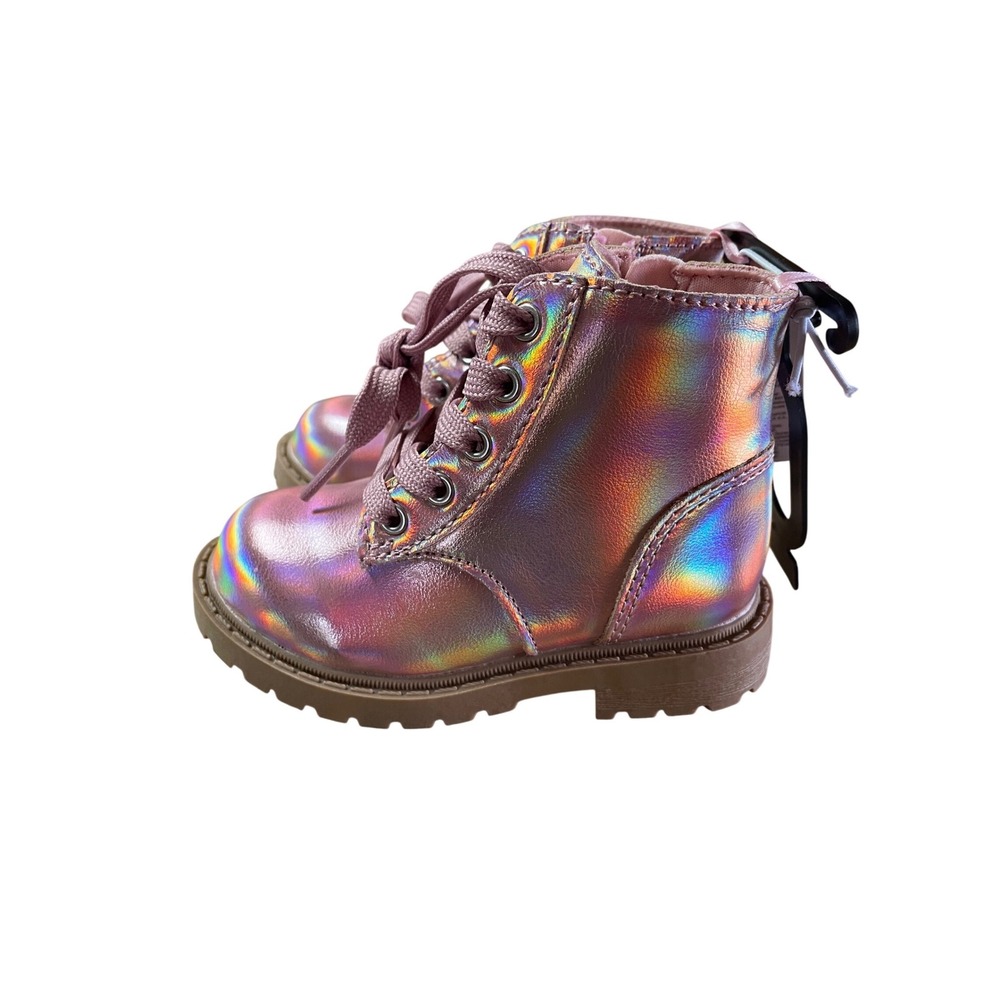 Old Navy Kids Pink Iridescent Holographic Lace Up Side Zip Combat Boots Size 6 - Picture 1 of 12